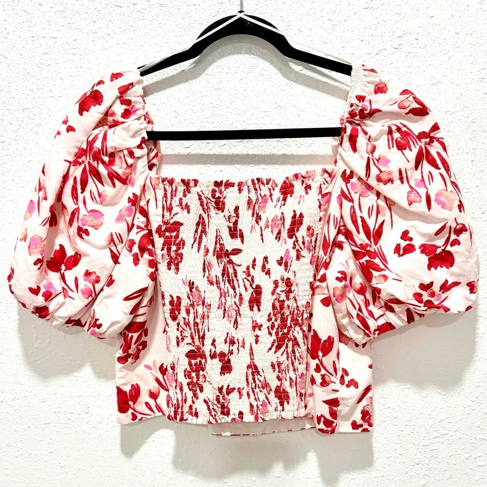 Banana Republic Red‎ and White Floral Blouse XL